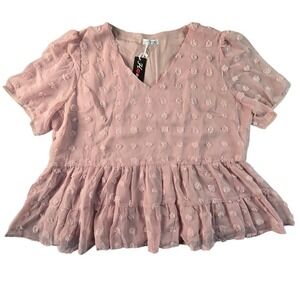 Hotouch Swiss Dot Peplum Top Womens XXL‎ Pink Short Puff Sleeve V-Neck Blouse